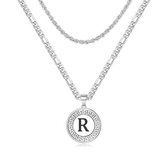 Silver R Initial Pendant Necklace - Men's Layered Chain