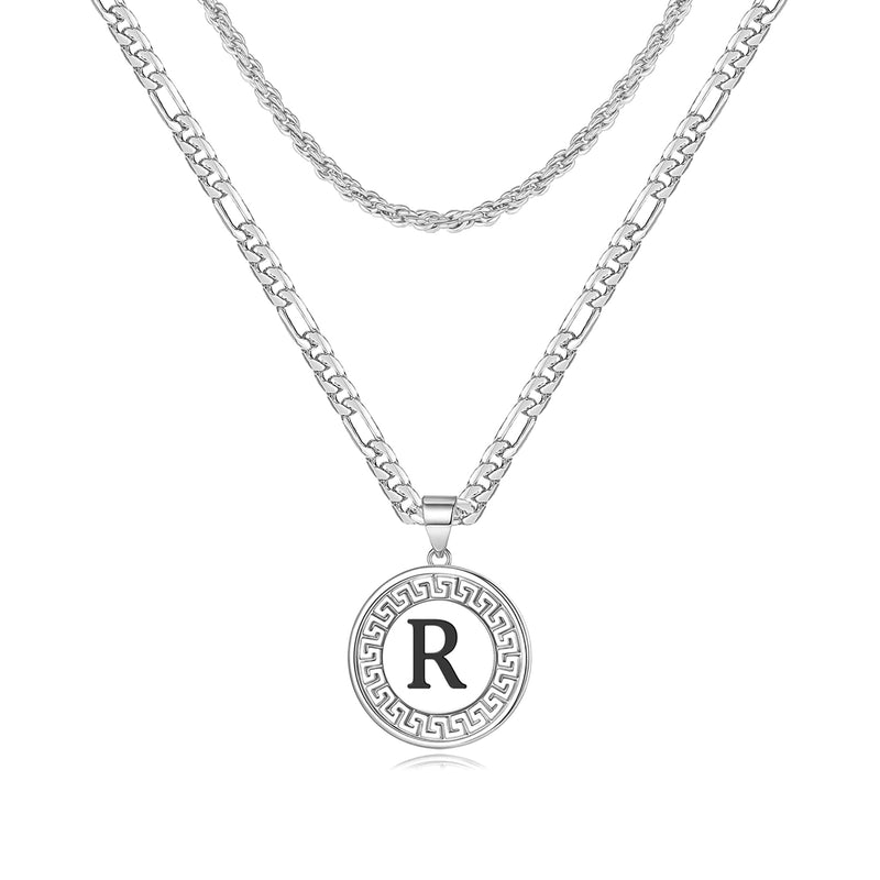 Silver R Initial Pendant Necklace - Men's Layered Chain