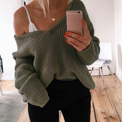 Chic Solid V-Neck Long Sleeve Sweater