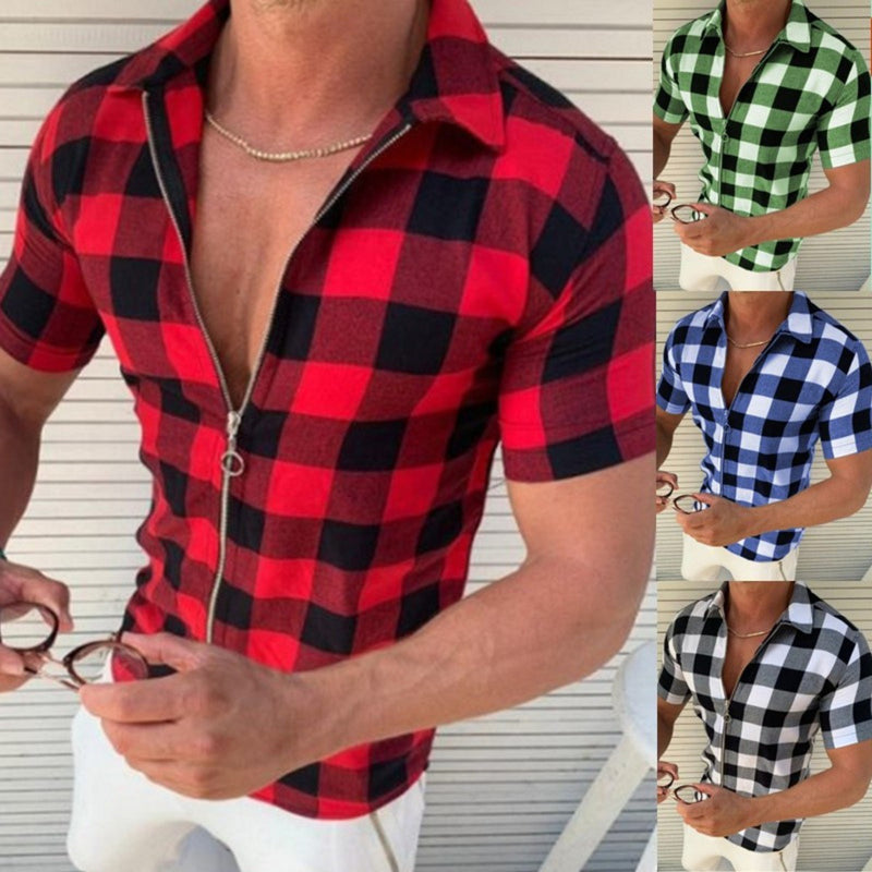 Urban Grid Zip-Up Plaid Shirt